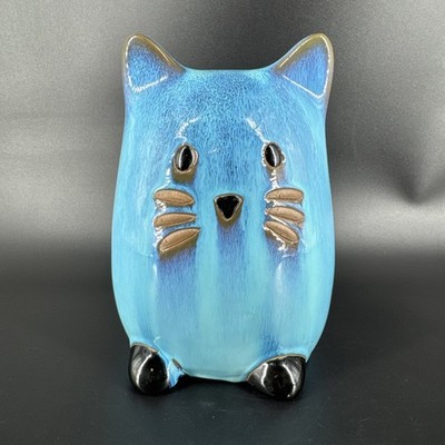 Sitting Cat Ceramic Blue Glazed Figure Garden Art Heavy Kitschy
