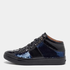 Jimmy Choo BlackNavy Blue Patent Leather and Sequins Low Top Sneakers Size 37