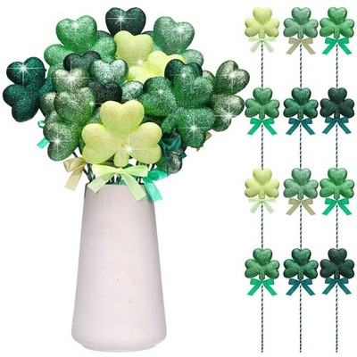 12 Pcs St. Patrick Day Tree Decor Irish Shamrocks Tree Picks with Ribbon Green..