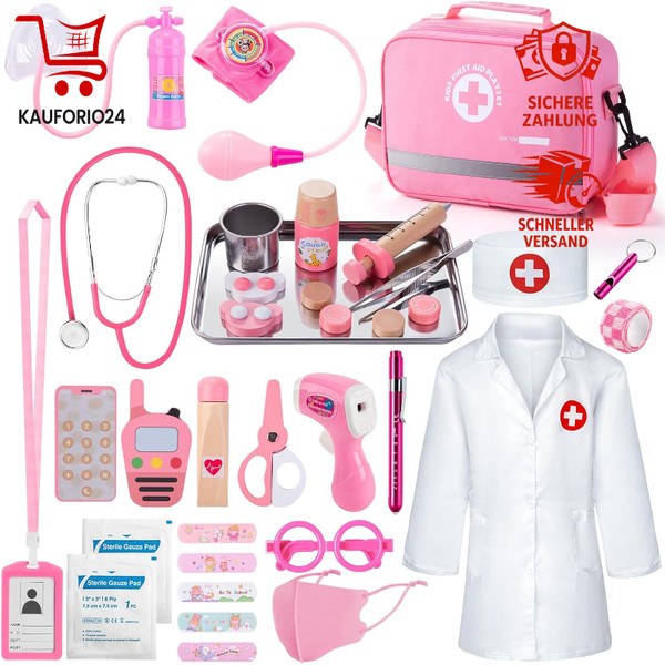 Arztkoffer Kinder Holz 35-Teilig Mit Stethoskop Thermometer Spritze Geschenk Ab-image