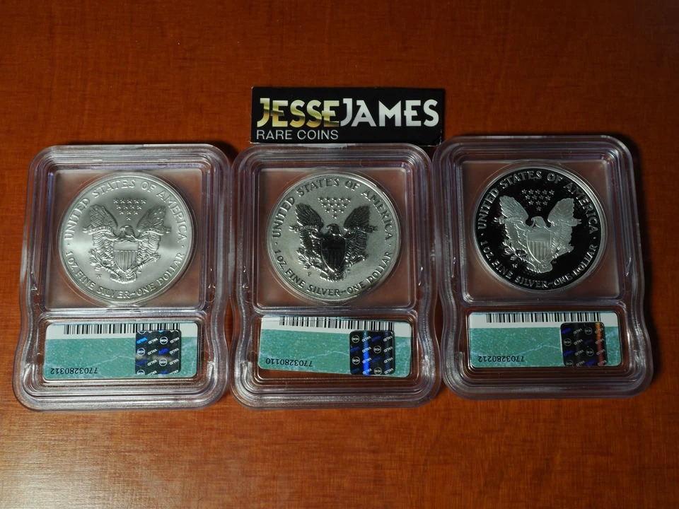 2006 P REVERSE PROOF SILVER EAGLE ICG RP70 PR70 SP70 20TH ANNIVERSARY 3 COIN SET - Image 2 of 4