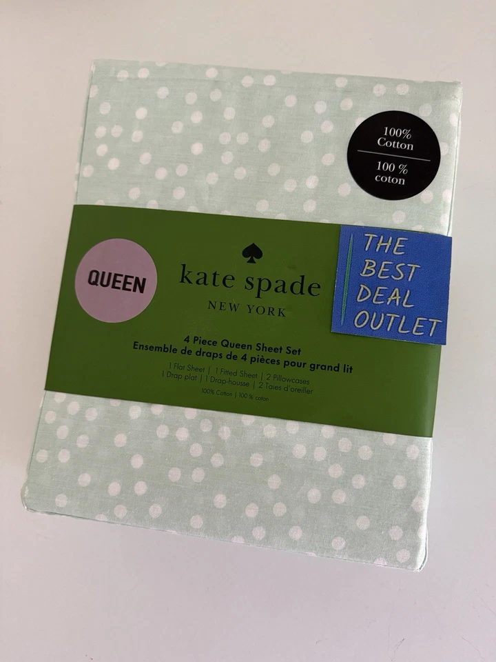 Комплект простыней Kate Spade Queen 4 шт. 100% хлопок глубокий крой зеленый мятный горошек - Изображение 3 из 4