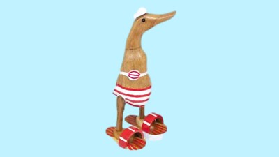 Holz Laufente Holzente mit Cap und Flip-Flop 25 cm Holz Ente Badefreunde