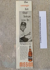 1957 MICKEY Mantle New York Yankees Vintage Mission Orange drink AD baseball MLB