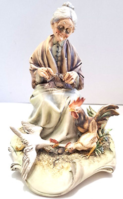 Antonio Borsato Porcellane Gres D Arte Old Woman Rooster & Chickens 6'' Figurine 