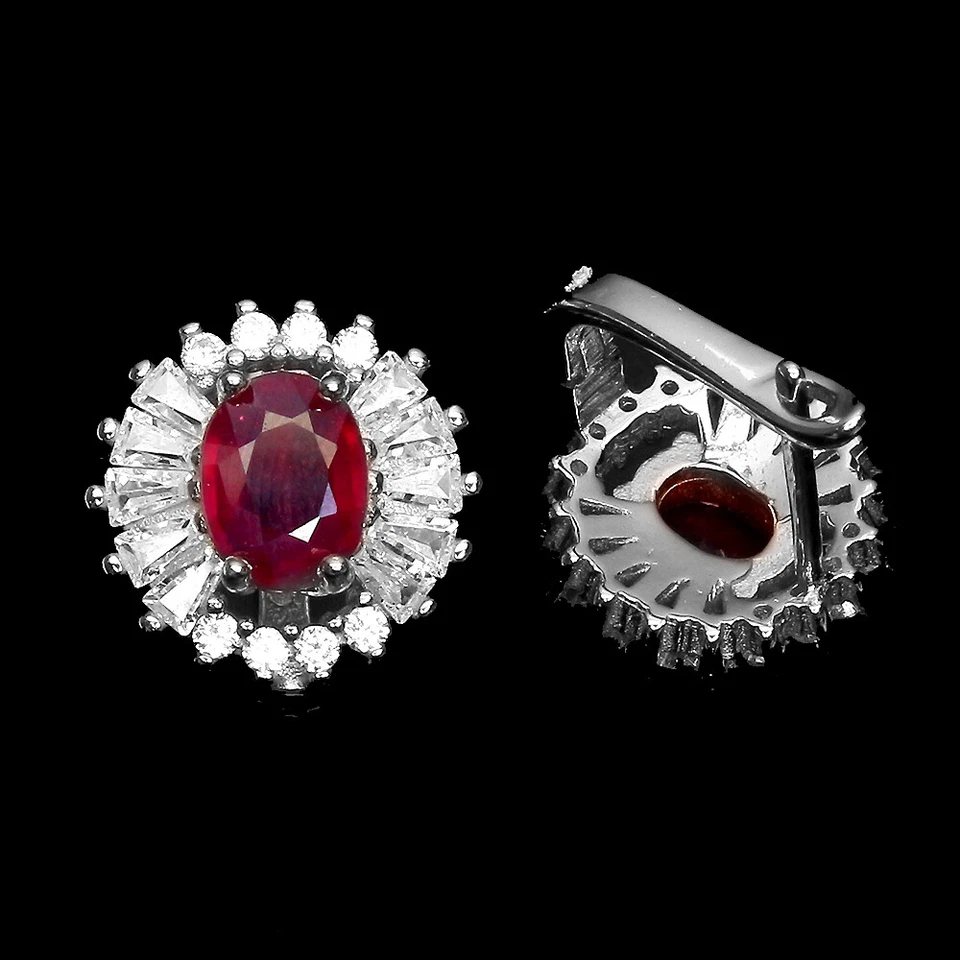 Orecchini In Argento Sterling 925 Ovale Rubino 8x6mm Pietra Preziosa Naturale - Immagine 3 di 4