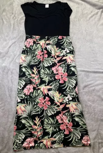 Serra Maxi Dress Womens L Coastal Tropical Print  Pockets Double Slit Cap Sleeve
