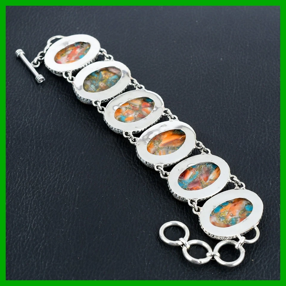 Pulsera con bisel de cadena vintage de plata 925 con piedras preciosas turquesa cobre ostra espinosa Foto 4 de 4
