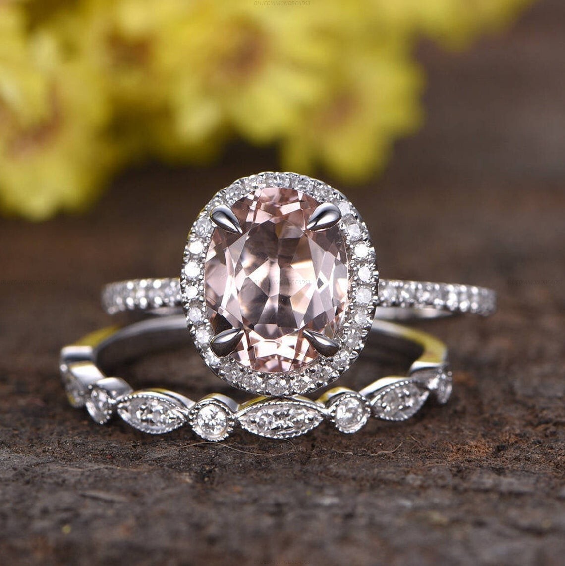 Morganite Diamond Bridal Set Stackable Wedding Ring 14k White Gold