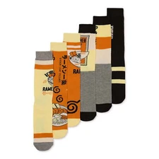 Naruto Shippuden Ramen Men's Multi-Color 6-Pair Causal Crew Socks 6-Pack: 8-12