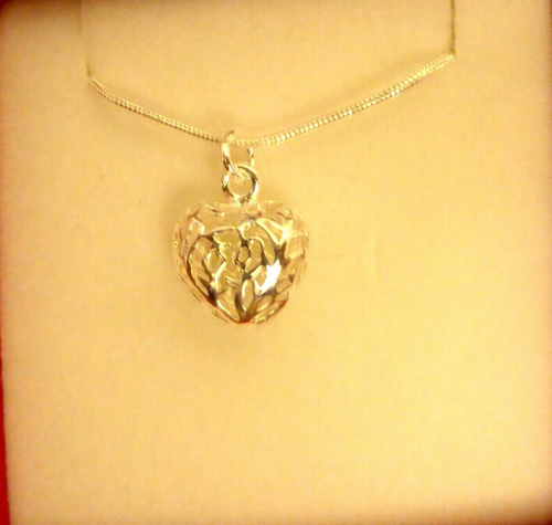 Romantic Silver Plated Filigree Small Puffed Heart Necklace Gift Birthday V7 - Picture 2 of 3
