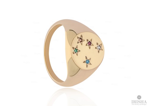 0,05 CT. ANILLO DE SELLO ESTRELLA GRABADO CON DIAMANTES GENUINOS EN ORO 14K JOYERÍA FINA - Imagen 5 de 7