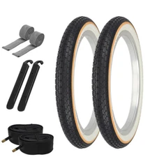 BICYCLE WIRE BEAD TIRE 16" X 1.75" SMALL BRICK WHITEWALL YELLOW LINE 8PC SET.