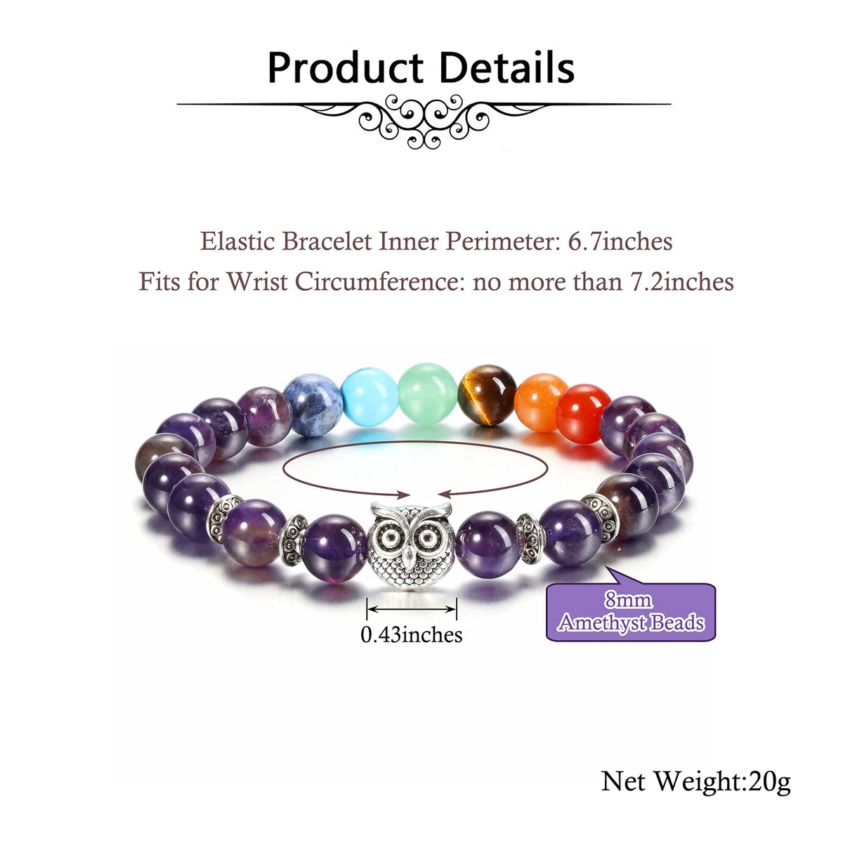 Adabele Natural Fluorite Gemstone Bracelet – 8mm Beads, Stretchy 8-Inch, Healing Crystal Jewelry