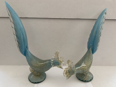 PAIR Sky Blue Gold Murano Art Glass Pheasant Peacock Birds Barbini AVEM Barovier