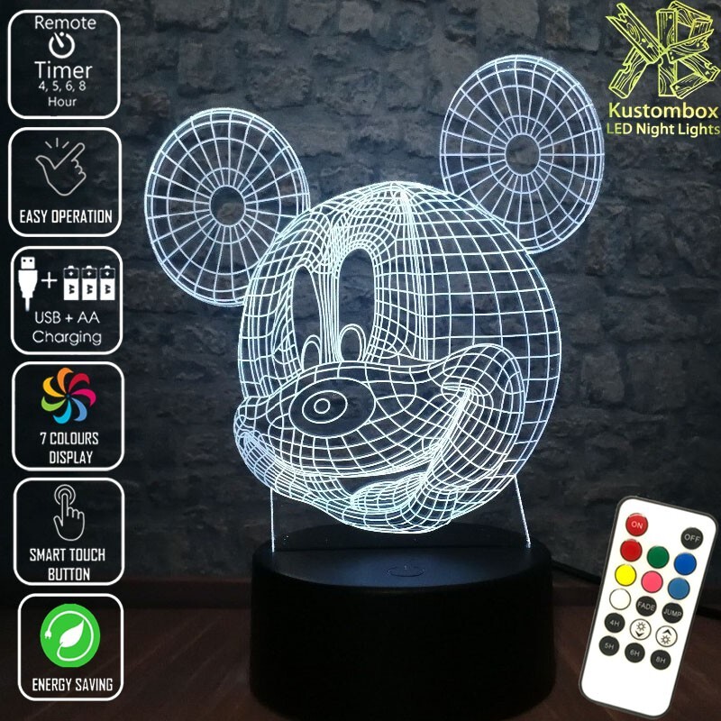 MICKEY MOUSE WIRE FRAME3D LED Battery USB Night Light 7 Colour