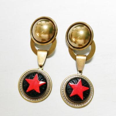 Jan Michaels Antique Brass Red Glass Star Statement Huge Clip On