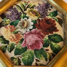 Framed antique beaded piece, floral roses, vintage wall art
