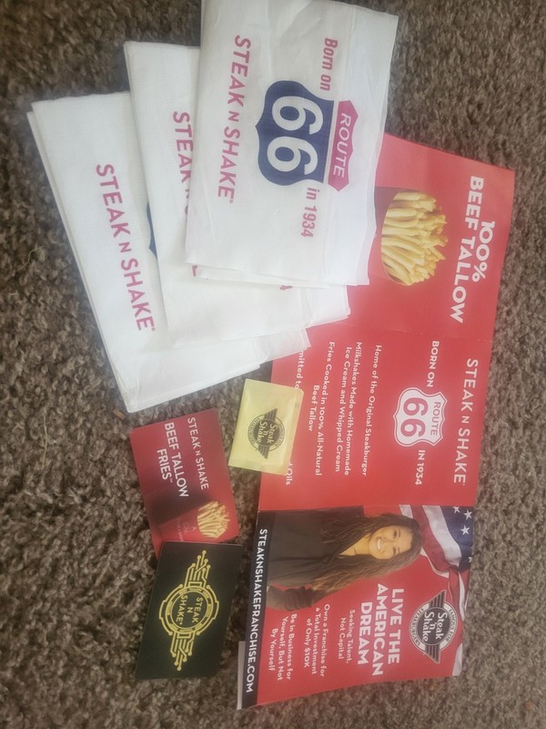 STEAK n SHAKE ROUTE 66 NAPKINS /  TABLE AD/  SUGAR   / AND GIFT CARDS   NO VALUE