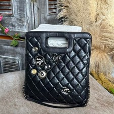 AUTH Chanel Badge Tote Small Black Oil Wax Calfskin Shoulder Crossbody