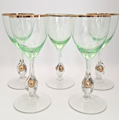 Stanik Zlata Zuzana Green Crystal Glasses Gold Rim Czech Set 5 MCM 4oz
