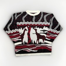 Vintage Safari Print Knit Sweater Mens L 80s Chunky Serengeti Giraffe Acrylic