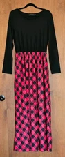 Merokeety Long Sleeve Maxi Dress Black Red Plaid Vintage Style, Pockets Size M