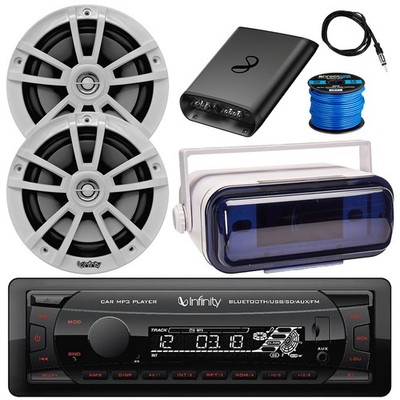 Infinity Radio Receiver, 2x 6.5'' 225W Speakers w/Wire, Amp, Antenna, White Cover
