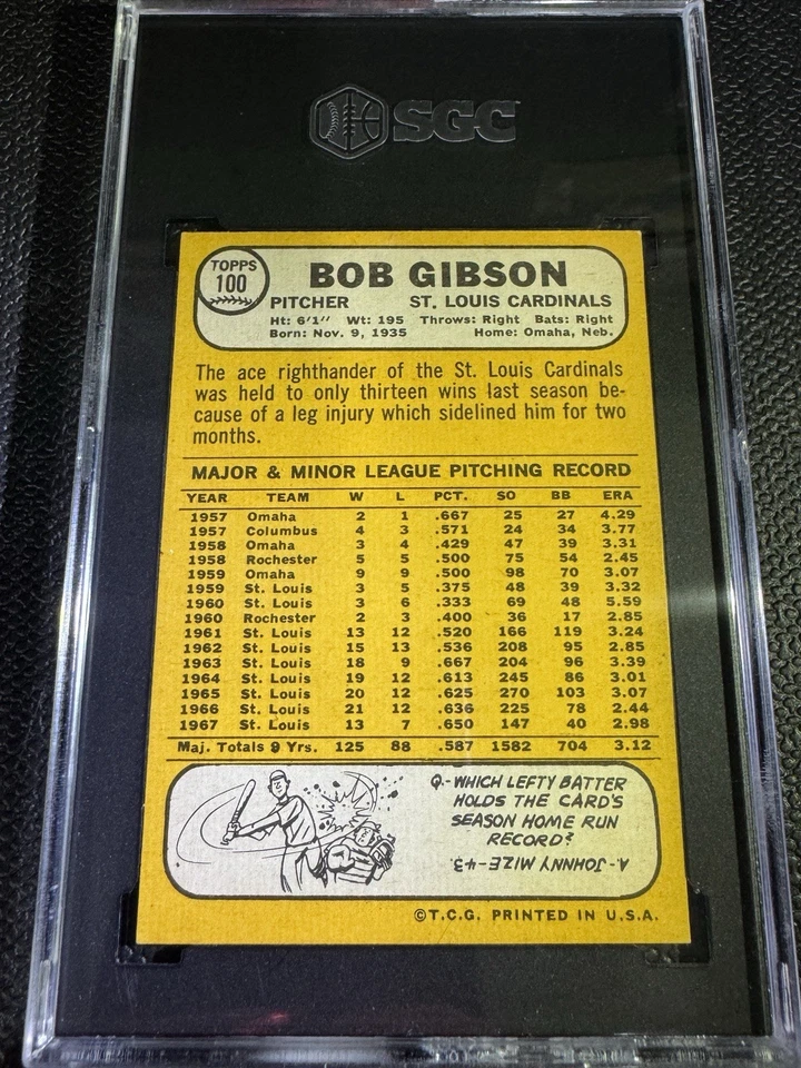 Bob Gibson - 1968 Topps Baseball #100 - Classificação SGC 7 - Linda cópia - Imagem 3 de 4