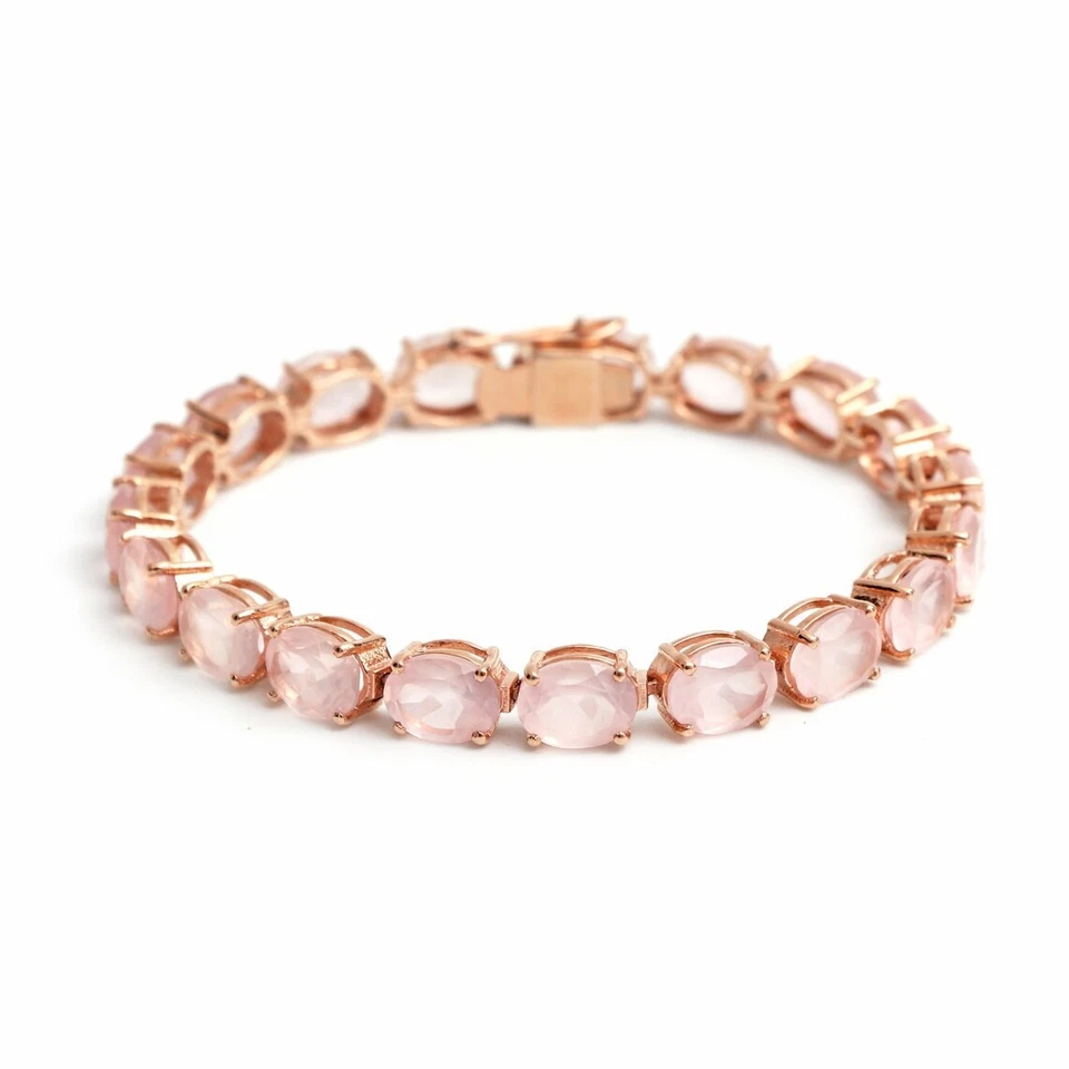 Pulsera Tenis Cuarzo Rosa Natural Plata de Ley 925 Piedras Preciosas Ovaladas Regalo Nupcial Foto 2 de 4