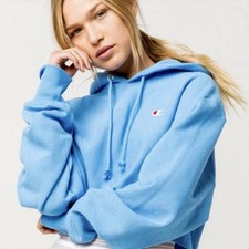 Champion Reverse Weave Cropped Hoodie Sweatshirt Size Small Blue