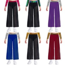 Girls Jazz Hip-Hop Side Slit Sequin Dance Pants Sheer Ballroom High Waist Mesh