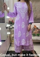 2PCS Elegant Lavendar Floral Chikankari Kurta with Palazzo For Women Pure Cotton