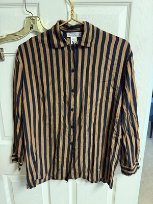 Rena Rowan Rayon Black Brown Striped Button Classic P Small 6 40w Saville Y2k