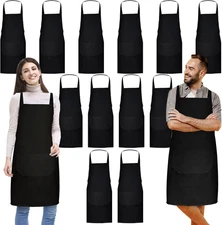 12 Pack Bib Apron,Black Aprons Bulk,Unisex Black Plain Aprons with 2 Pockets,Bla