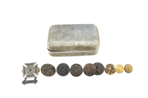 9 Vintage Military Buttons World War 1 Collar WW2 Uniform Missile Pin & Soap Tin
