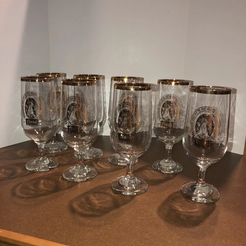 Set Of 7 Coors Vintage Stemmed Beer Glasses Gold Rim W/ Waterfall Logo