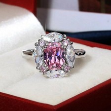 Oval Cut Pink Sapphire Diamond Halo Women Engagement Ring 14K White Gold Finish