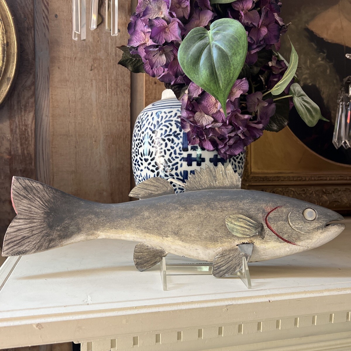 Geo Aho Vintage Walleye Decoy Hand Made Painted Wood & Metal Fins