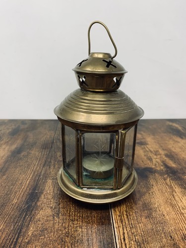 Beautiful Brass Etched Glass Rustic Hanging Lantern Candle Holder Home Decor - Picture 3 of 10