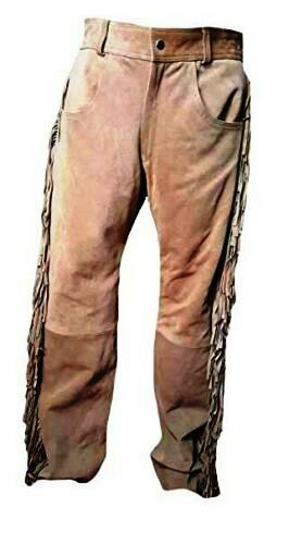 Mens New Beige Buckskin Suede Leather Western Hippy Fringes Pants