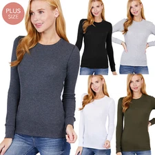 Womens Crew Neck & V Neck Thermal Long Sleeve Shirt Top Stretch Cotton Plus Size