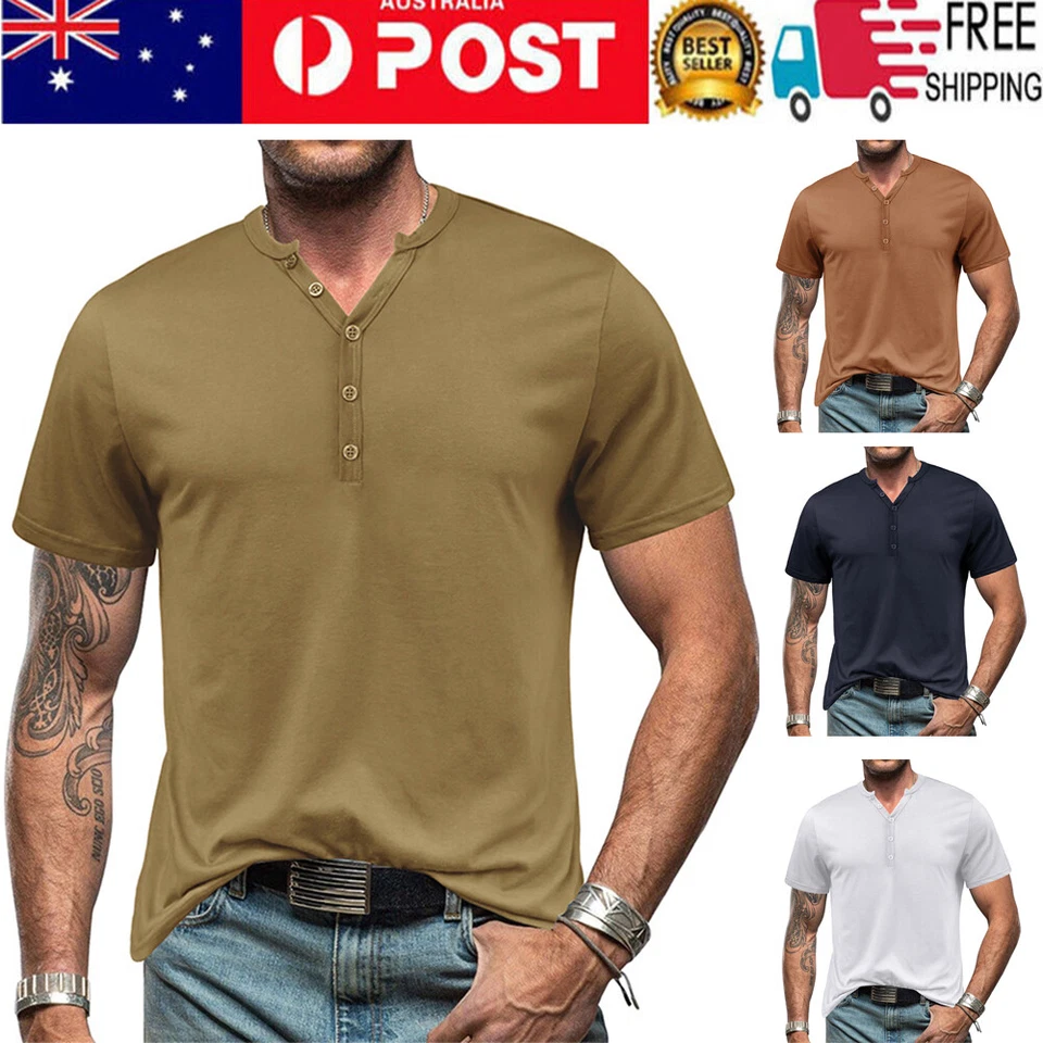 Men Short Sleeve T-shirt Casual Henley-Grandad V Neck Button Solid Tee Shirt Top