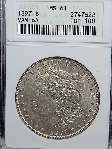 1897-p MORGAN SILVER DOLLAR VAM 6A TOP 100 ANACS soapbox MS-61