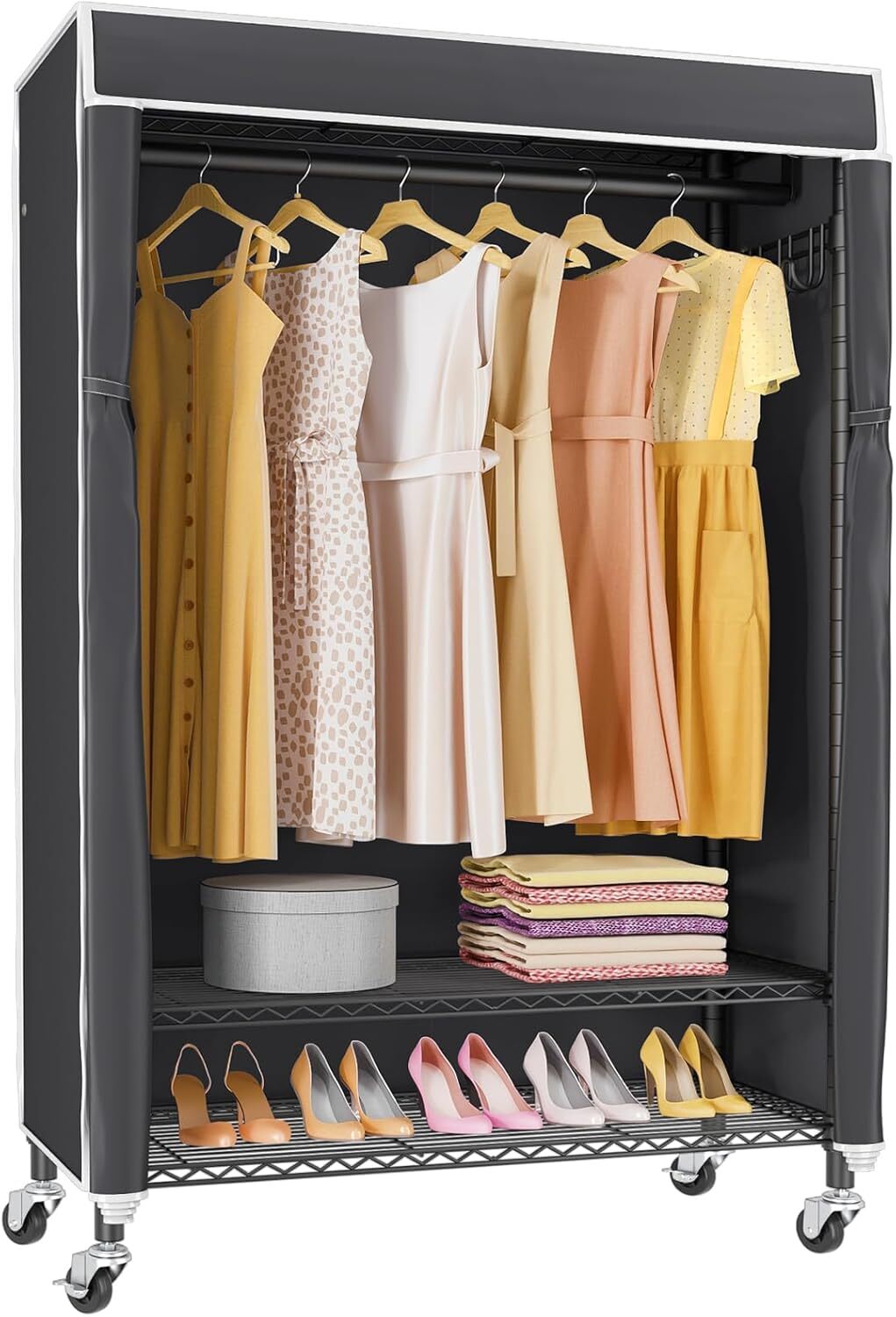 Portable Rolling Clothes Rack with Cover - Space-Saving Garment Organizer-image