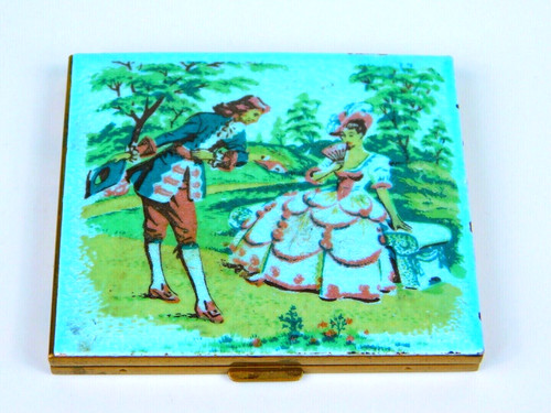 Antique Vintage Victorian Guilloche Enamel Compact Colonial Woman & Man Scene