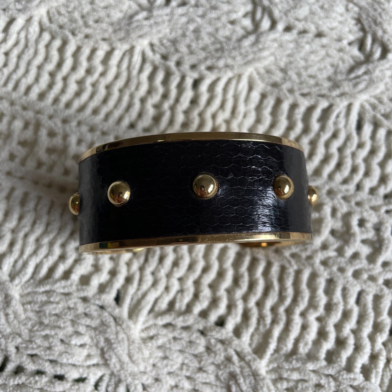 Aspinal Of London Athena Black Snake Stamped Leather & Gold Tone Open Cuff