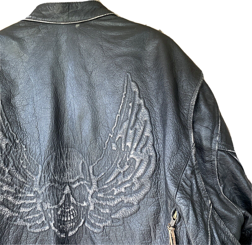 Black Leather Motorcycle Jacket Flying Skull Zip Out Liner Mens XXL Moto Biker - Picture 7 of 24