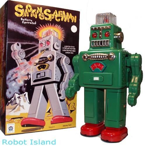 Smoking Spaceman Robot Green Tin Toy Battery Operated NEW Factory