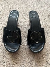 Tory Burch Patti Black Patent Slides Platform Wedge Mules Heels Sandals Size 7.5
